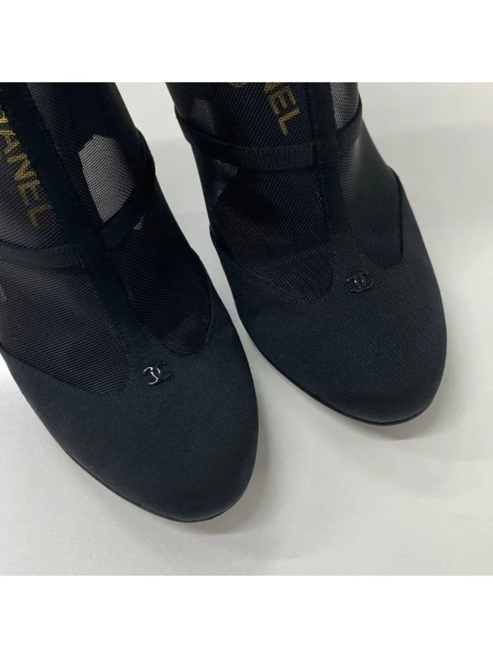 Chanel Mesh Fabric Coco Mark Short Boots Black